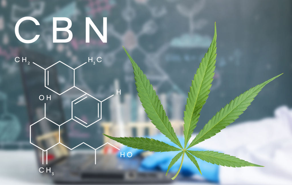 CBN molecule and hemp leaf