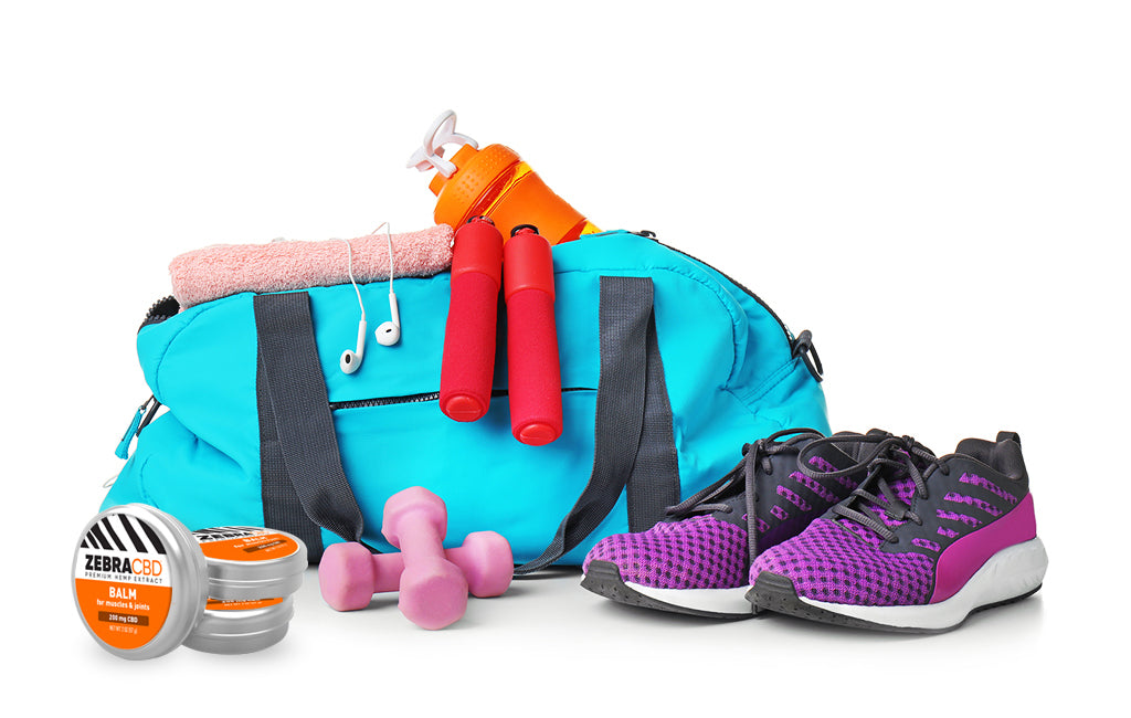 gym bag and contents with zebra cbd for muscle pain