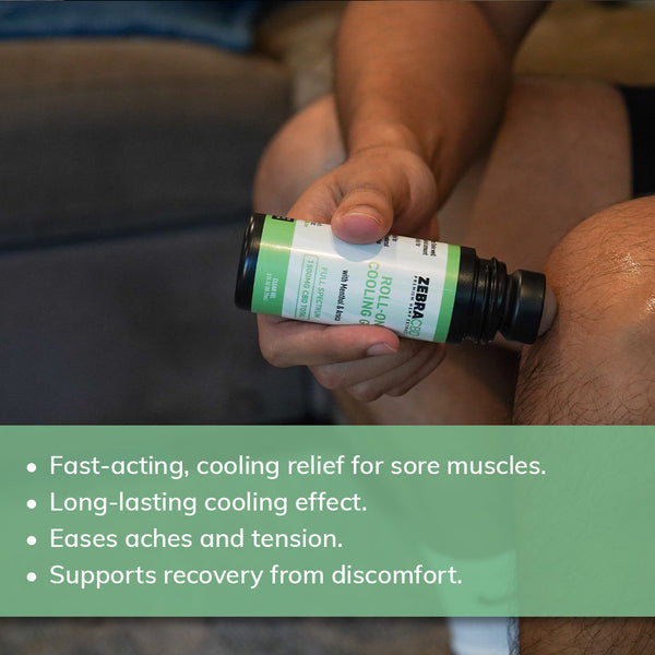 Man using CBD 3oz Roll On Cooling Gel to relieve muscle discomfort.