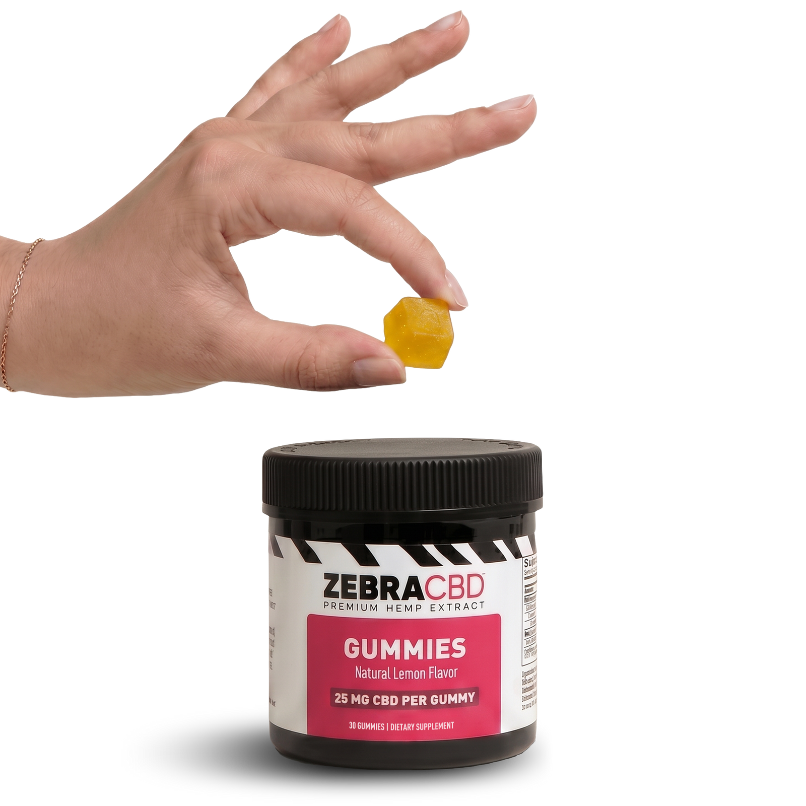 Zebra CBD gummies jar with a hand holding a gummy