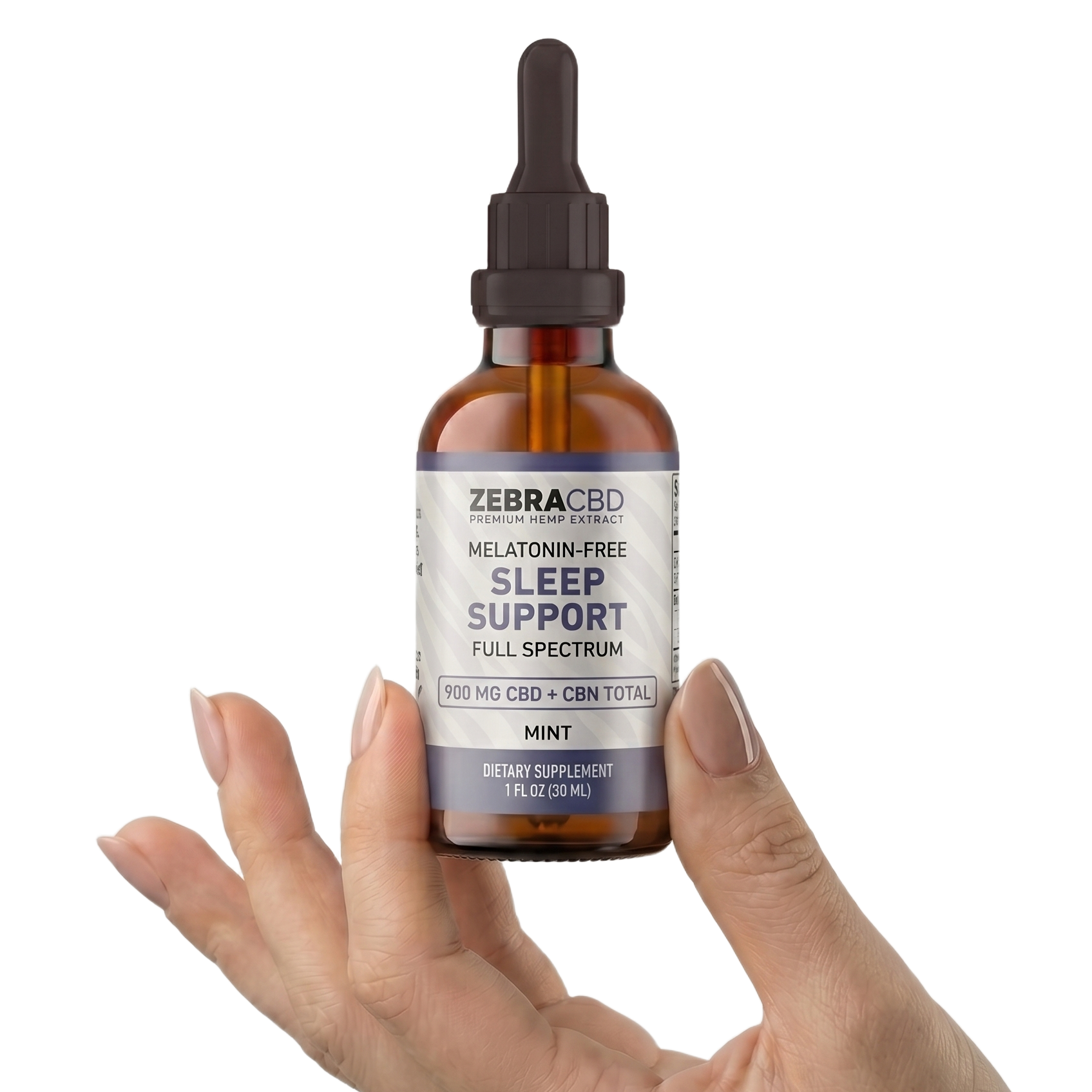 Hand holding a bottle of Zebra CBD Sleep Support supplement on a white background