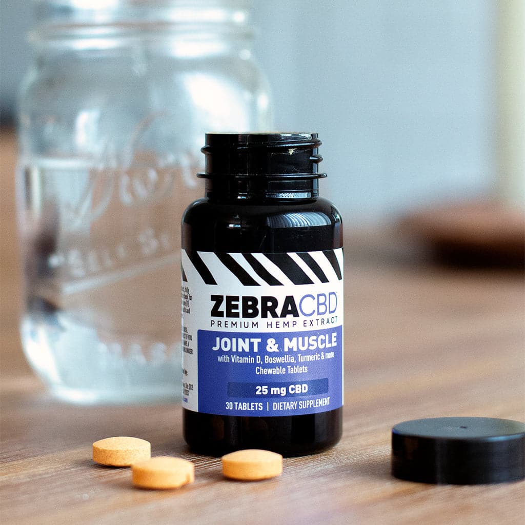 Bottle of zebra cbd joint and muscle tablets